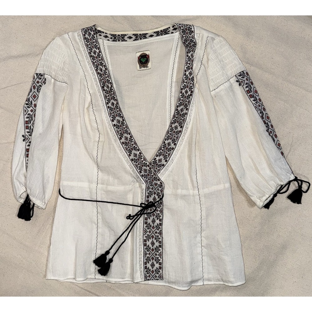 Free People Top Women's XS Sheer Embroidered Peasant Boho Tassel Cottage